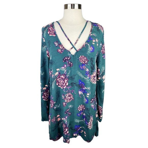 Free People Green Floral Criss Cross Swing Dress/Tunic - Picture 2 of 6